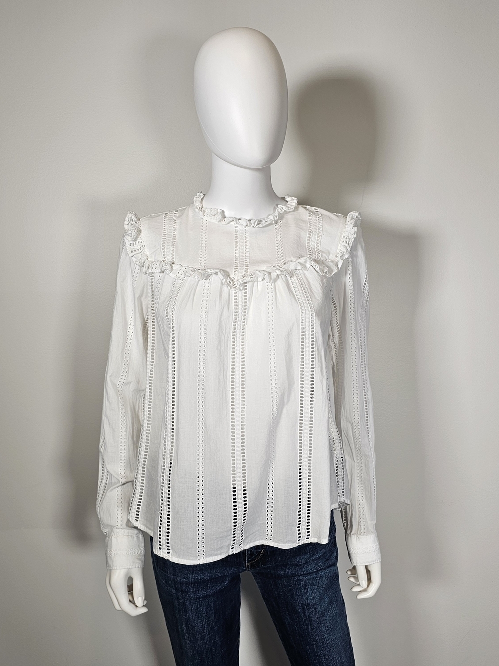 GAP White Eyelet Ruffle Long-Sleeve Blouse Sz M